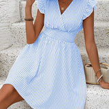 Abito da donna - Scollo incrociato - Maniche a balze - Vita aderente - Gonna svasata