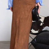 Gonna lunga in pelle scamosciata marrone vintage con spacco dritto