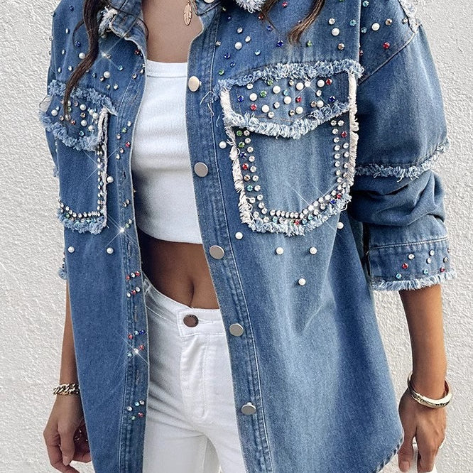 Cappotto a maniche lunghe in denim con perline a contrasto