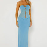 Completo gonna attillata corta senza spalline in rete a doppio strato