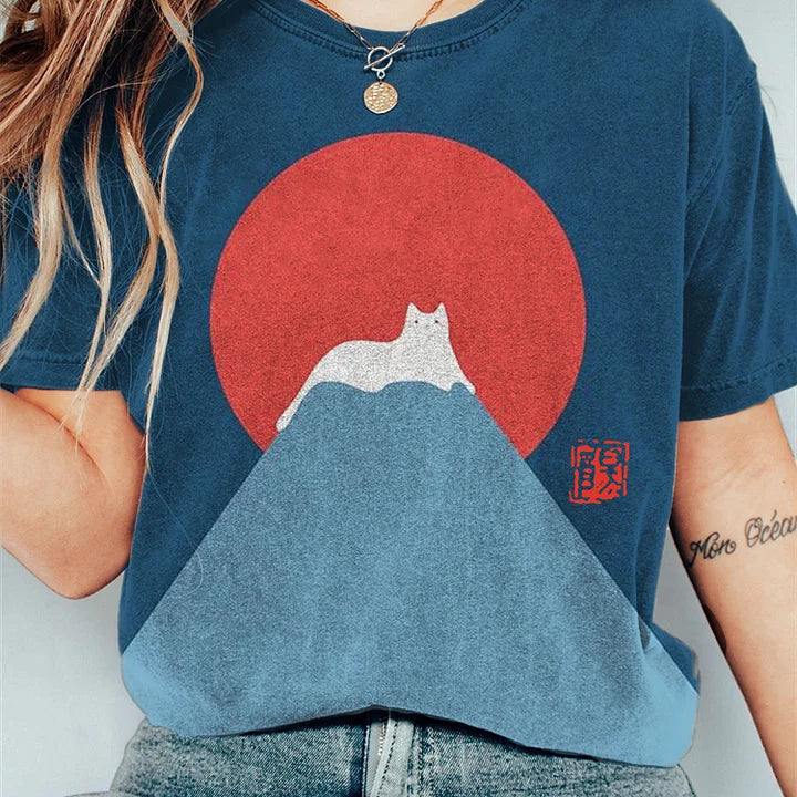 T-shirt da donna - Scollo tondo - Maniche corte - Vestibilità ampia - Stampa grafica di gatto