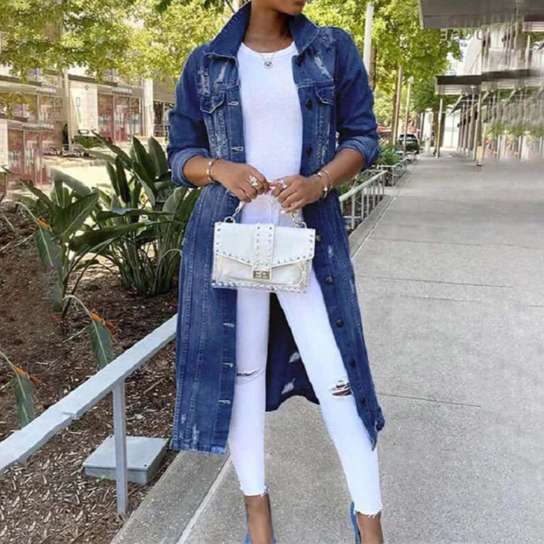 Trench da donna – Taglio dritto e rilassato – Denim – Dettagli rovinati – Lunghezza maxi