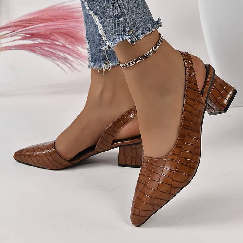 Sandali con cinturino posteriore da donna - Tacco a blocco comfort - Punta appuntita - Effetto pelle di coccodrillo