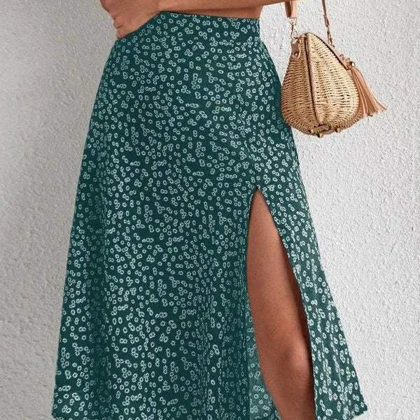 Gonna midi da donna - Vita alta - Spacco laterale - Tessuto leggero e fluido - Motivo floreale