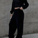 Completo da jogging da donna - Giacca corta con zip e cappuccio - Pantaloni a vita alta