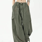 Pantaloni cargo larghi a vita alta stile paracadute verde militare