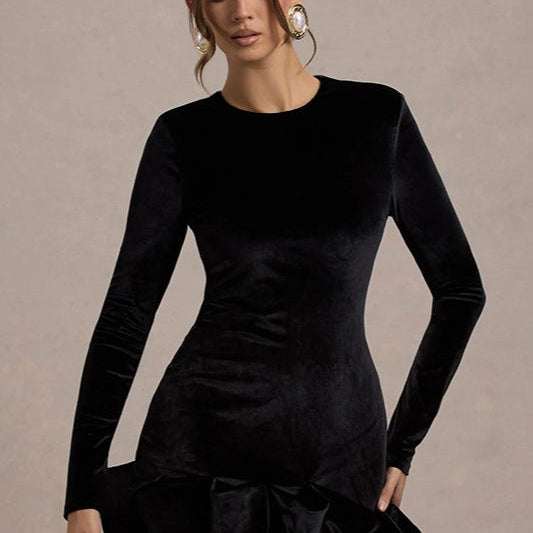 Mini abito a maniche lunghe plissettato con scollo rotondo in velluto di lusso