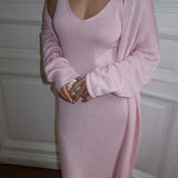 Abito canotta in maglia morbida con ritagli, cardigan a maniche lunghe, set due pezzi