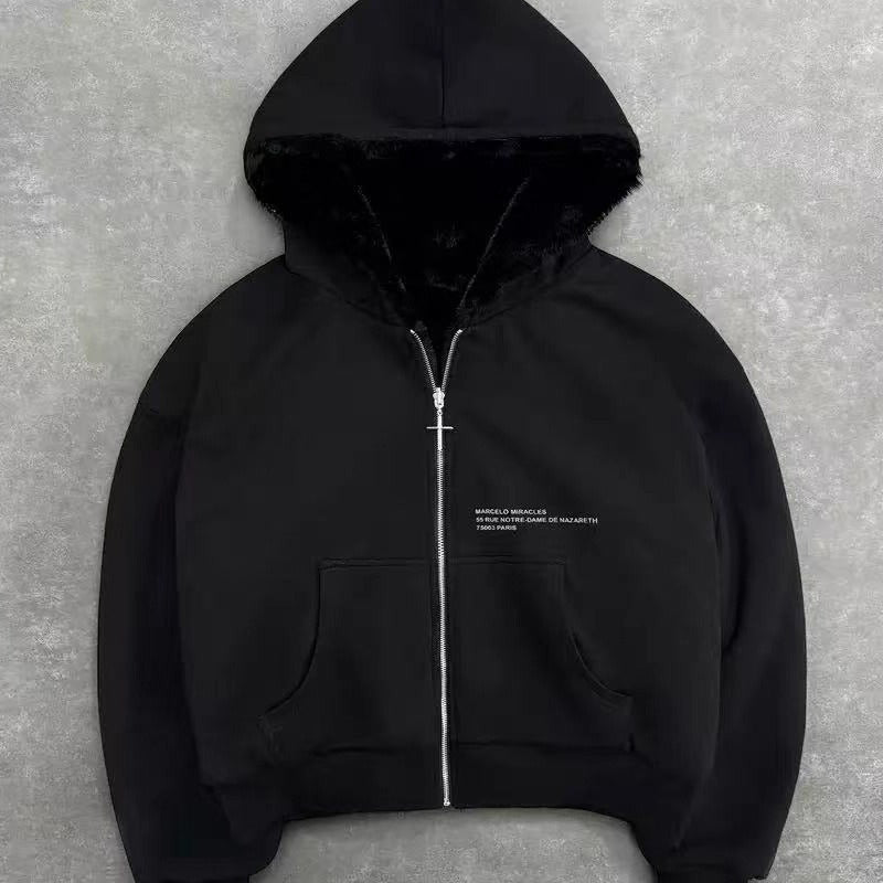 Felpa con cappuccio reversibile con cerniera e stampa leopardata vintage