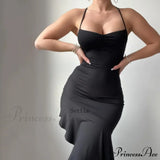 Abito midi estivo elegante senza maniche con volant sulla schiena e dettaglio annodato