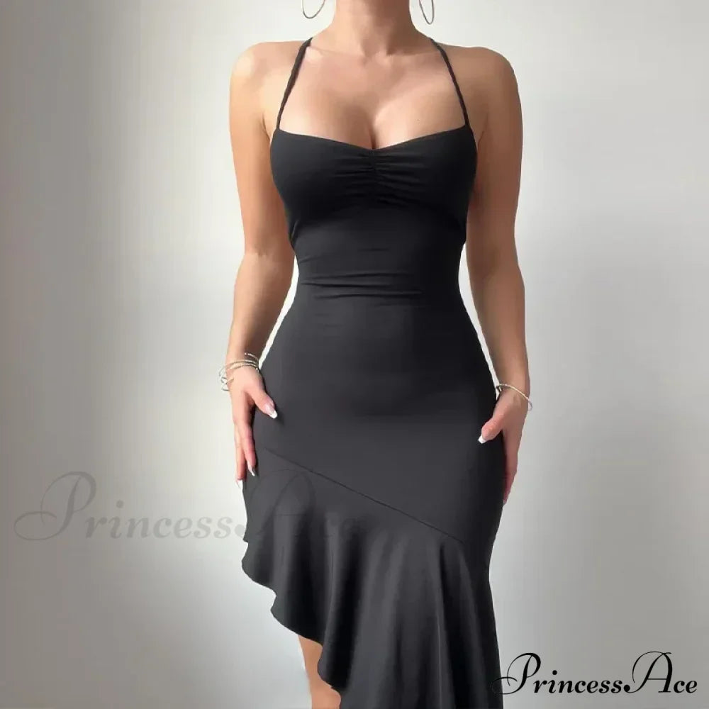 Abito midi estivo elegante senza maniche con volant sulla schiena e dettaglio annodato