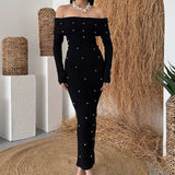 Abito lungo da festa con spalle scoperte e schiena scoperta, perline