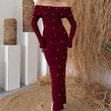 Abito lungo da festa con spalle scoperte e schiena scoperta, perline