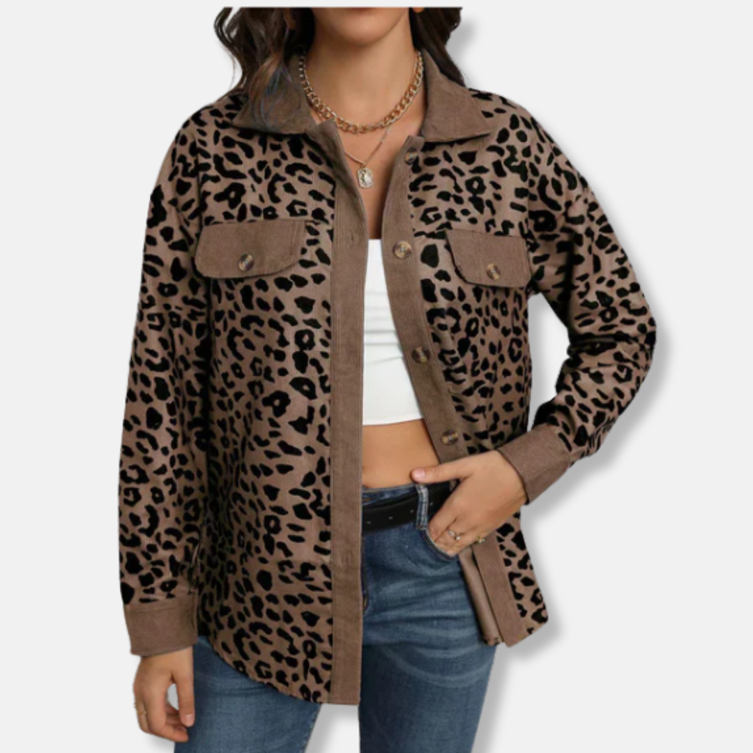 Camicia da donna - Velluto a coste - Vestibilità comoda - Collo a punta - Stampa leopardata