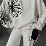 Maglione casual con scollo rotondo e pantaloni, set da due pezzi