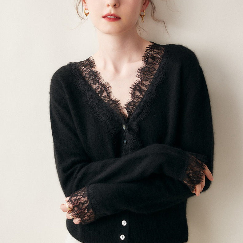 Cardigan in maglia con scollo a V e pizzo in cashmere