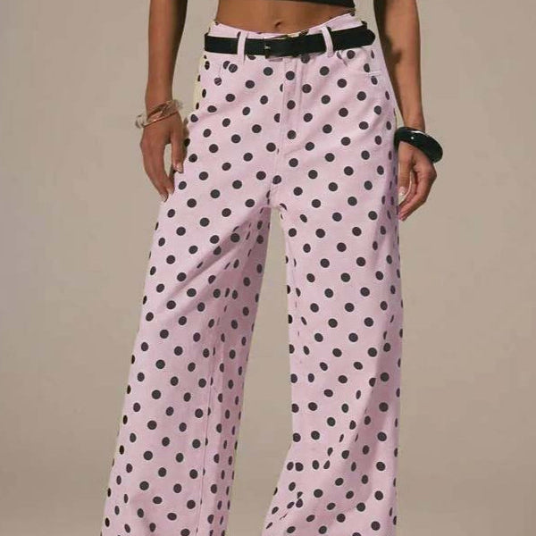 Jeans larghi a vita media con pois