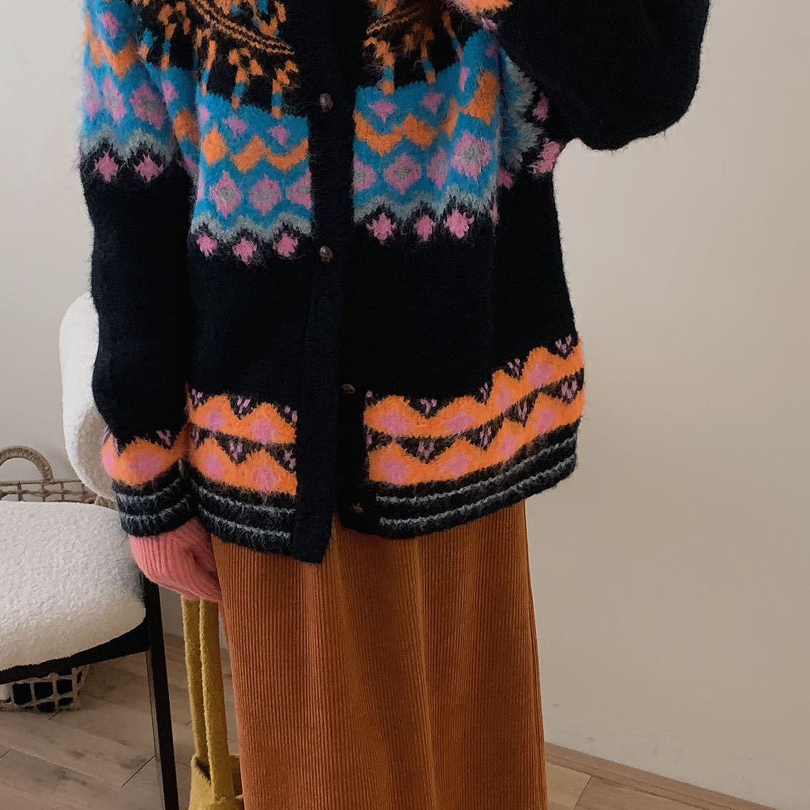 Cardigan vintage in maglia jacquard colorblock Fair Isle