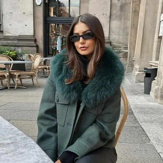 Giacca di lana con collo di pelliccia staccabile verde