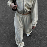 Completo da jogging da donna - Giacca corta con zip e cappuccio - Pantaloni a vita alta