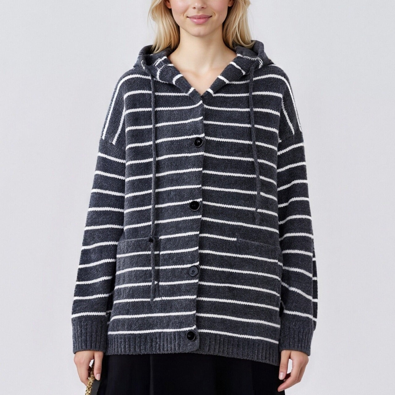 Cardigan in maglia con cappuccio a righe, stile retrò, con coulisse e tasca, taglie forti