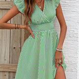 Abito da donna - Scollo incrociato - Maniche a balze - Vita aderente - Gonna svasata