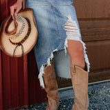 Gonna asimmetrica a vita alta in denim effetto consumato