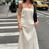 Abito lungo in cotone e lino con scollo a V