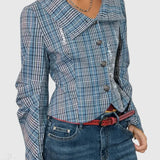 Cappotto con collo alto e arricciature a quadri con stampa a candelabro