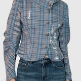 Cappotto con collo alto e arricciature a quadri con stampa a candelabro