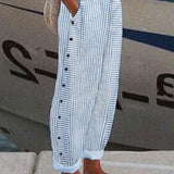 Pantaloni da donna a gamba larga – Vestibilità comoda – Tessuto traspirante – Righe e bottoni