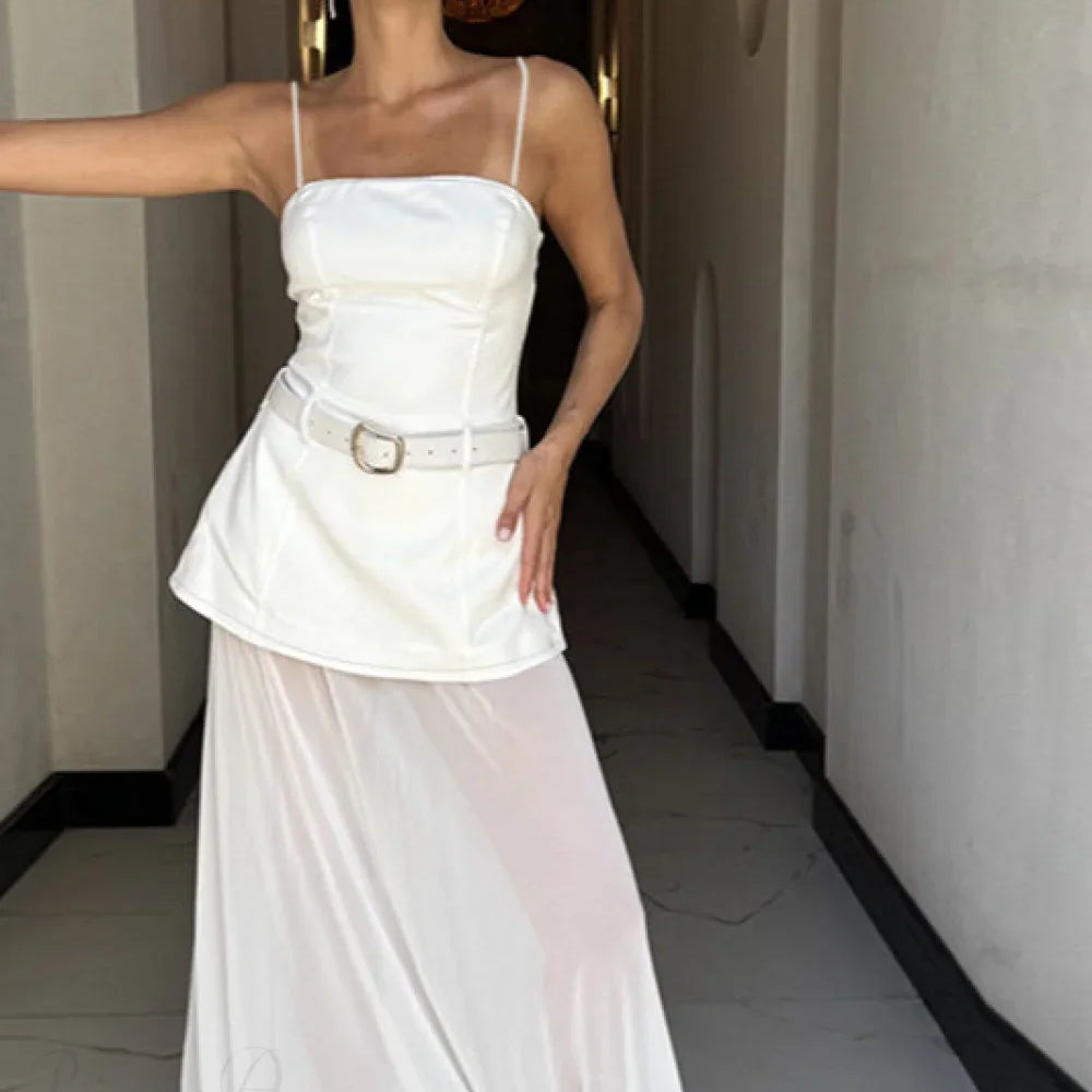 Abito lungo aderente con pannello canotta in rete chic