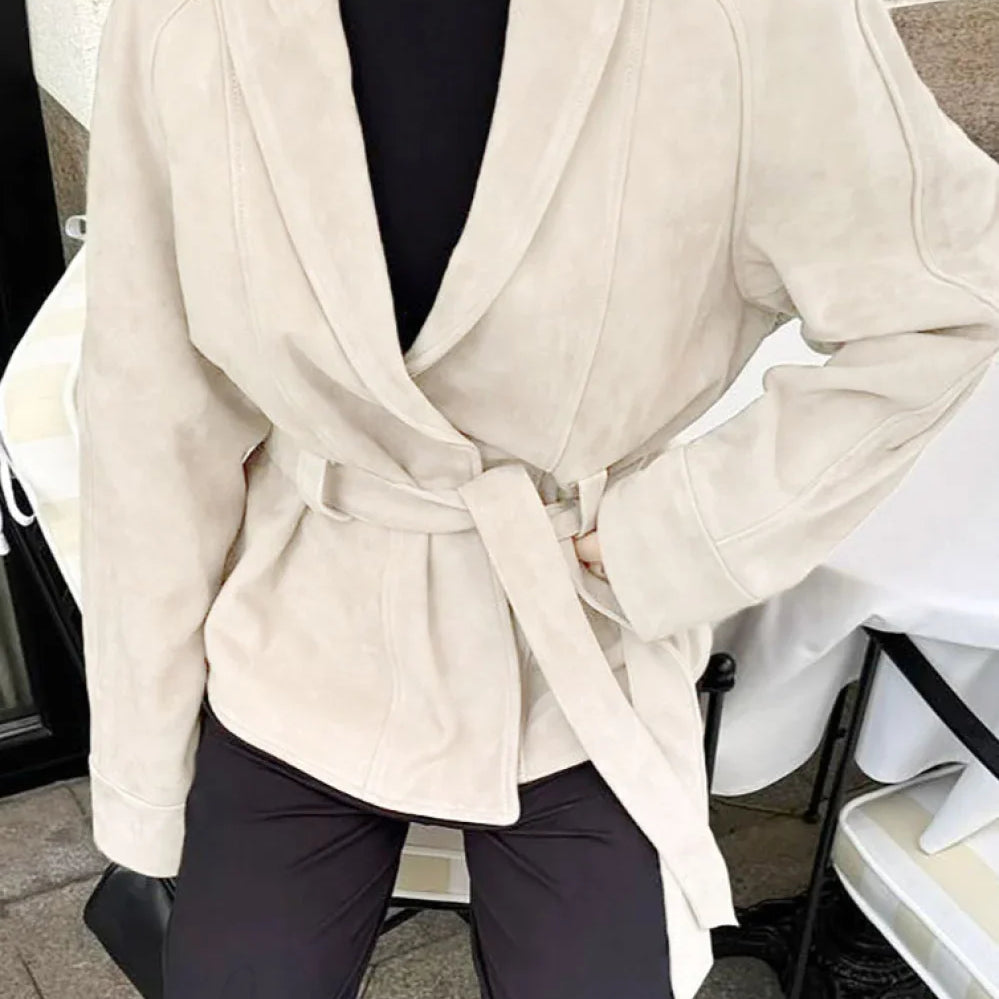 Elegante cappotto in pelle scamosciata a maniche lunghe