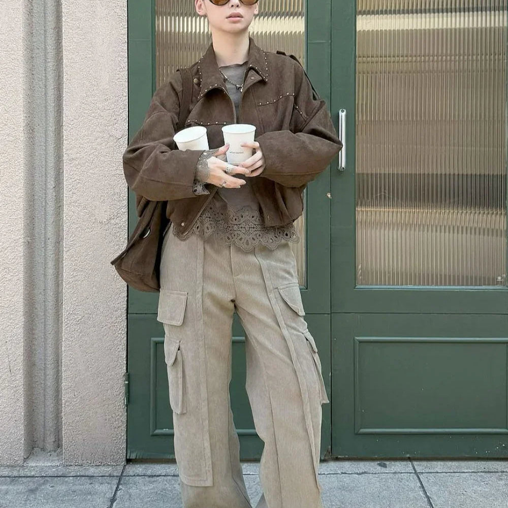 Pantaloni cargo con doppia tasca e pannelli in velluto a coste