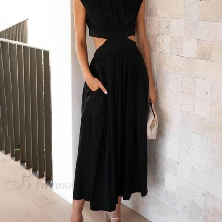 Abito midi da vacanza con tasche e vita tagliata