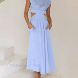 Abito midi da vacanza con tasche e vita tagliata