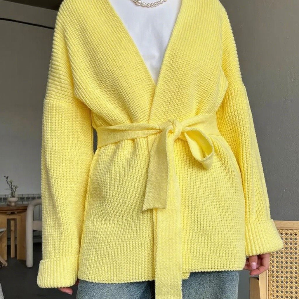 Cardigan in maglia con cintura annodata in vita, comodo e rilassato