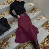 Gonna midi vintage in finta pelle scamosciata a trapezio