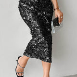 Gonna midi a vita alta con paillettes tinta unita