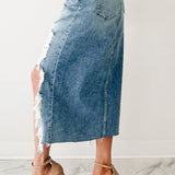 Gonna asimmetrica a vita alta in denim effetto consumato