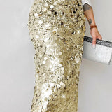 Gonna midi a vita alta con paillettes tinta unita