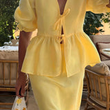 Completo gonna a maniche corte con volant e scollo a V casual tinta unita