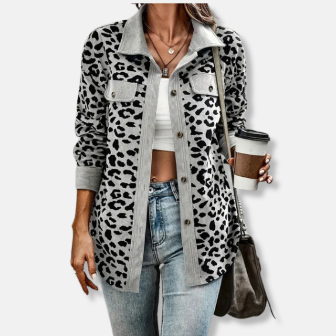 Camicia da donna - Velluto a coste - Vestibilità comoda - Collo a punta - Stampa leopardata