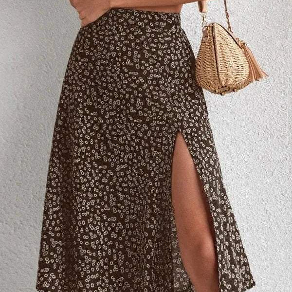 Gonna midi da donna - Vita alta - Spacco laterale - Tessuto leggero e fluido - Motivo floreale