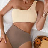 Costume da bagno da donna – Intero – Scollatura asimmetrica – Sgambatura alta – Tessuto a costine