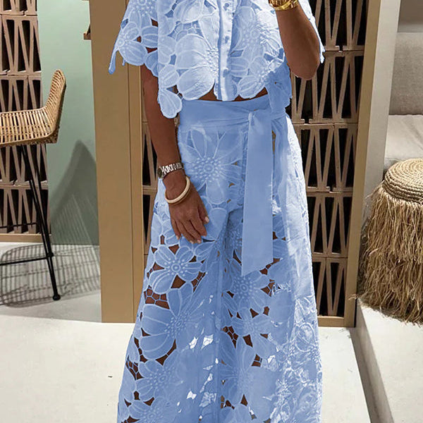 Completo due pezzi da donna – Pizzo floreale – Top corto ampio – Pantaloni larghi a vita alta