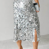 Gonna midi a vita alta con paillettes tinta unita