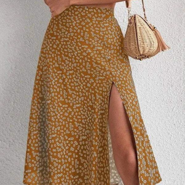 Gonna midi da donna - Vita alta - Spacco laterale - Tessuto leggero e fluido - Motivo floreale