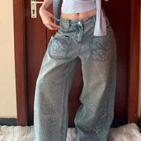 Jeans a gamba larga con strass vintage
