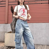 Pantaloni cargo larghi multitasche in denim